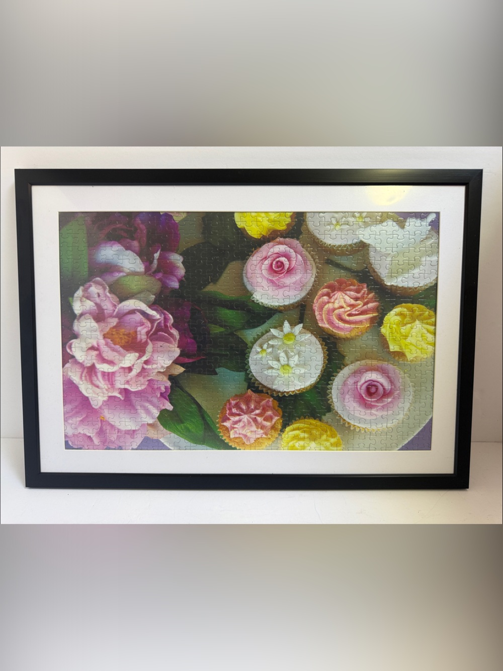 Framed Puzzle Floral Cupcake Art Print - Pink, Yellow, Green
